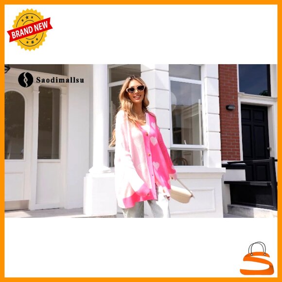 Oversized Heart Print Cardigan Ribbed Knit V-Neck Button Up Chic Y2K - Picture 7 of 7